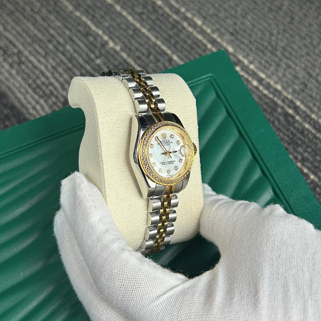Classic Date Watch, Yellow Gold Tone, Steel, Stone-Set, 28 mm