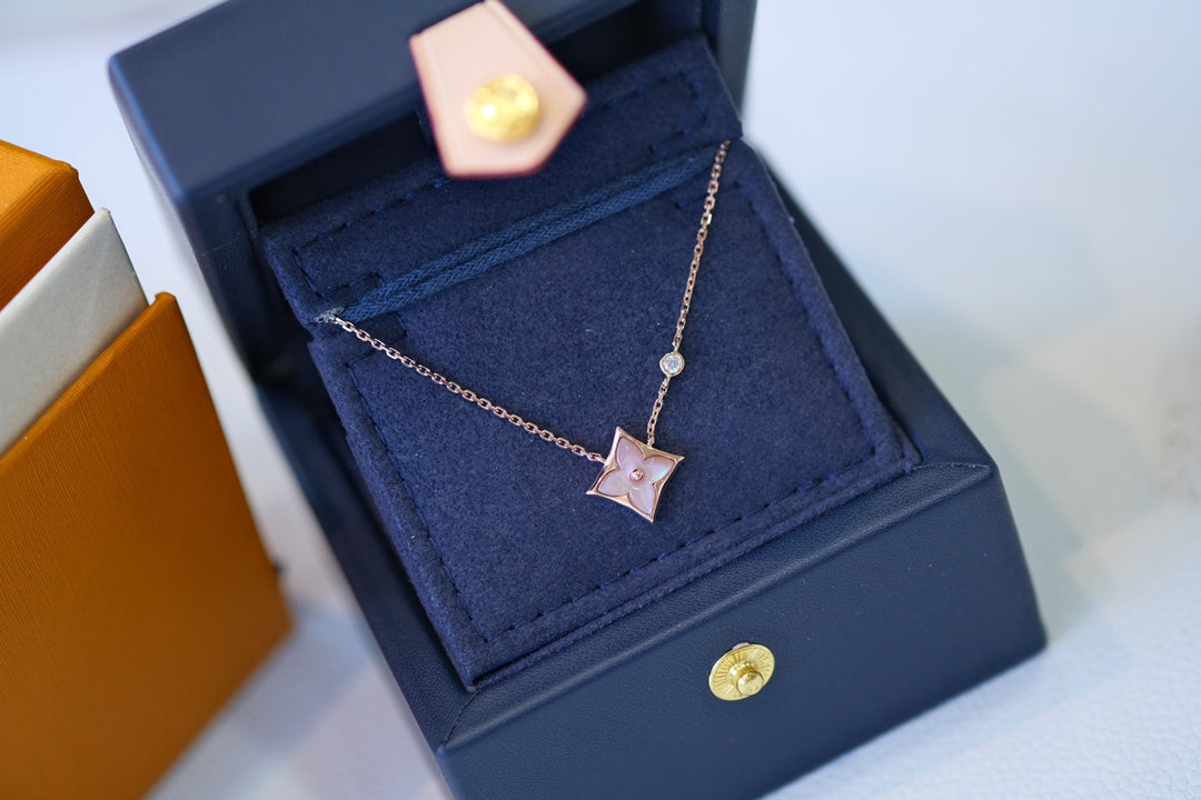 Star-Flower Pendant Necklace, Rose Gold Tone, Mother-of-Pearl, Stone-Set