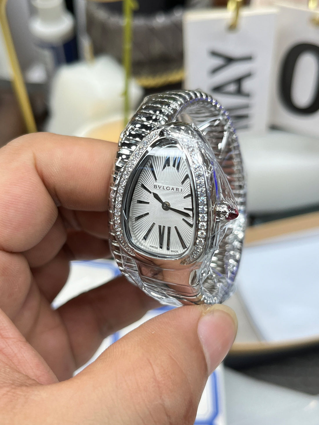 Coiled Band Watch, White Gold Tone, Stone-Set, White, 35 mm