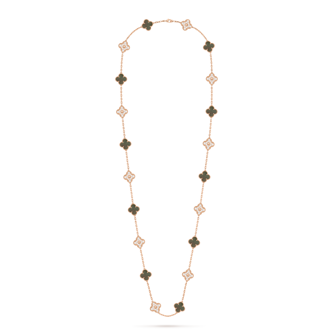 Quatrefoil Long Necklace, 20 Motifs, Rose Gold Tone, Malachite