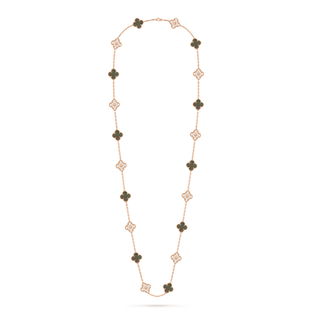Quatrefoil Long Necklace, 20 Motifs, Rose Gold Tone, Malachite