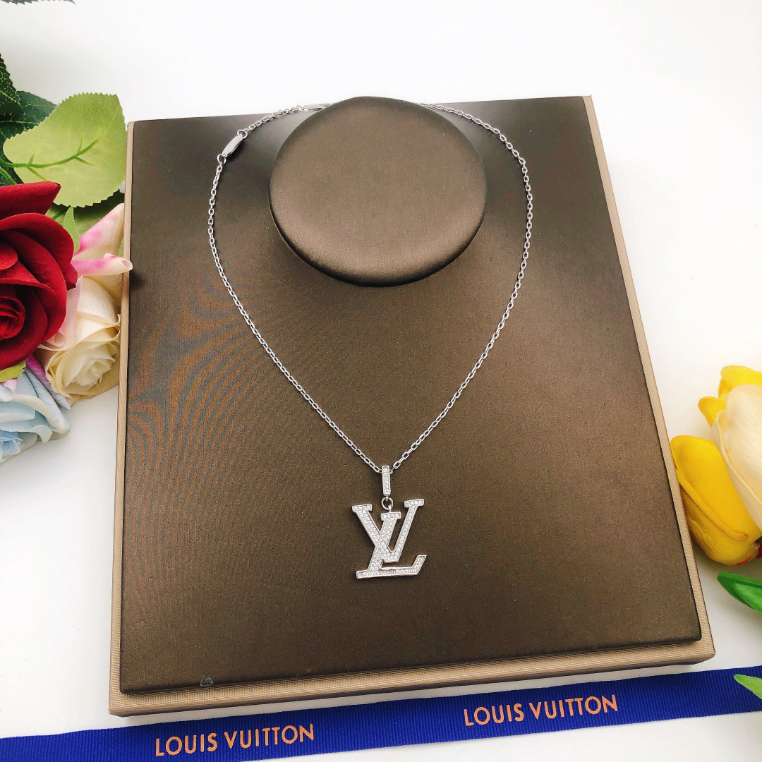 Flower Motif Pendant Necklace, White Gold Tone, Stone-Set, White