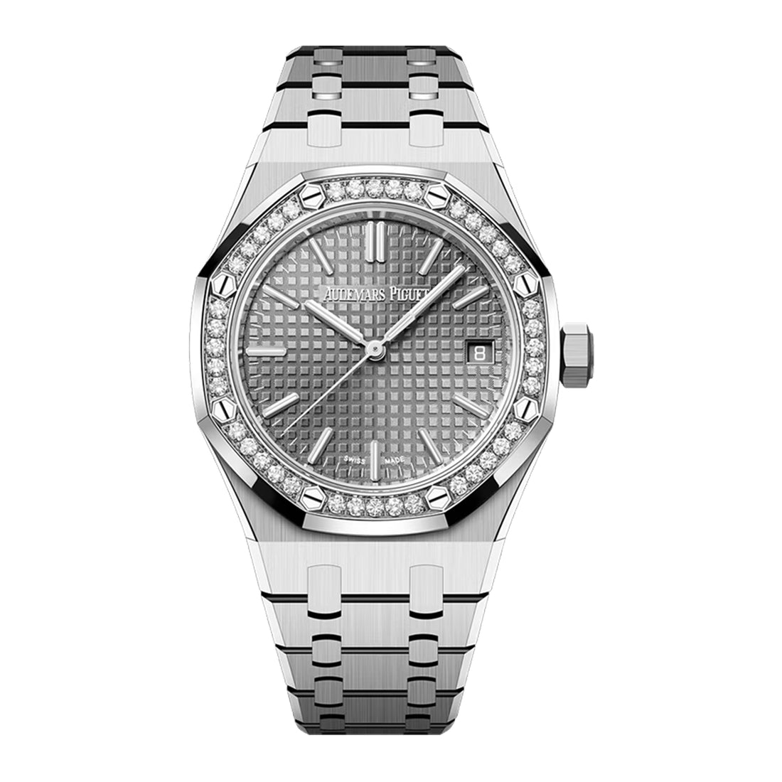 Octagonal Bezel Watch, White Gold Tone, Stone-Set, White, 37 mm