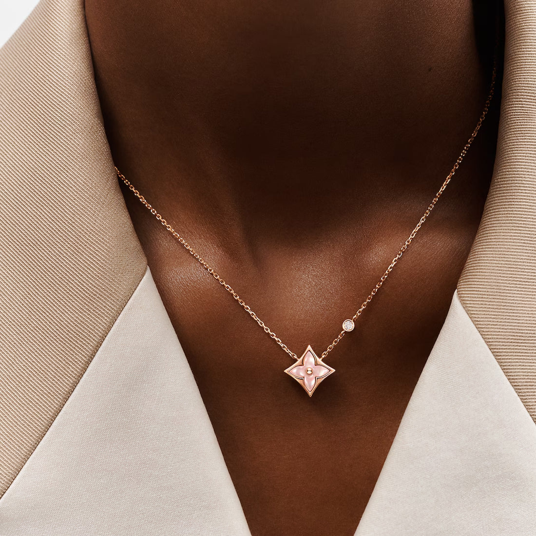 Star-Flower Pendant Necklace, Rose Gold Tone, Mother-of-Pearl, Stone-Set