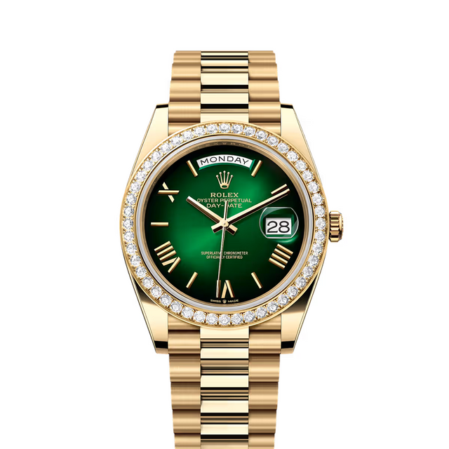 Day and Date Watch, Yellow Gold Tone, Stone-Set, 41 mm