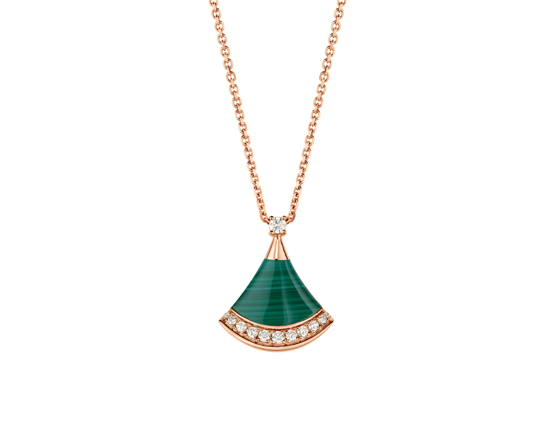 Fan-Motif Necklace, Rose Gold Tone, Stone-Set, Malachite