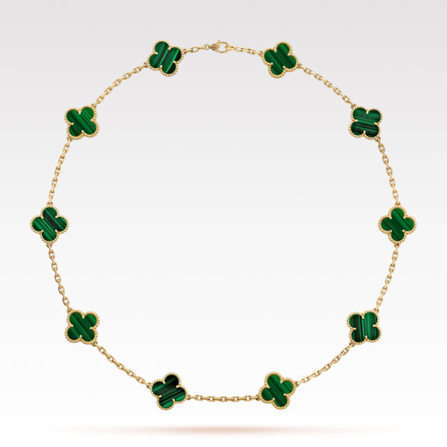 Quatrefoil Pendant Necklace, 10 Motifs, Yellow Gold Tone, Malachite