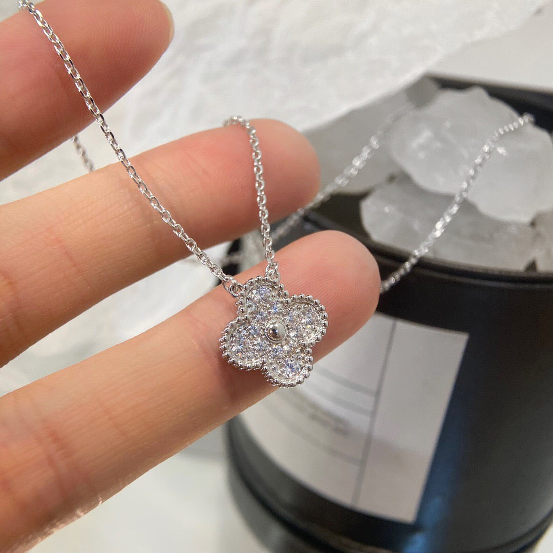 Quatrefoil Pendant Necklace, White Gold Tone