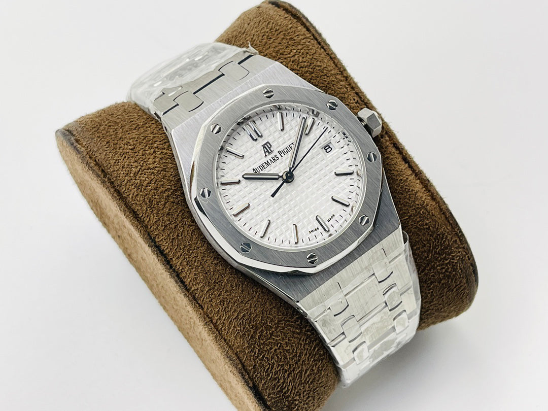 Octagonal Bezel Watch, White Gold Tone, White, 34 mm