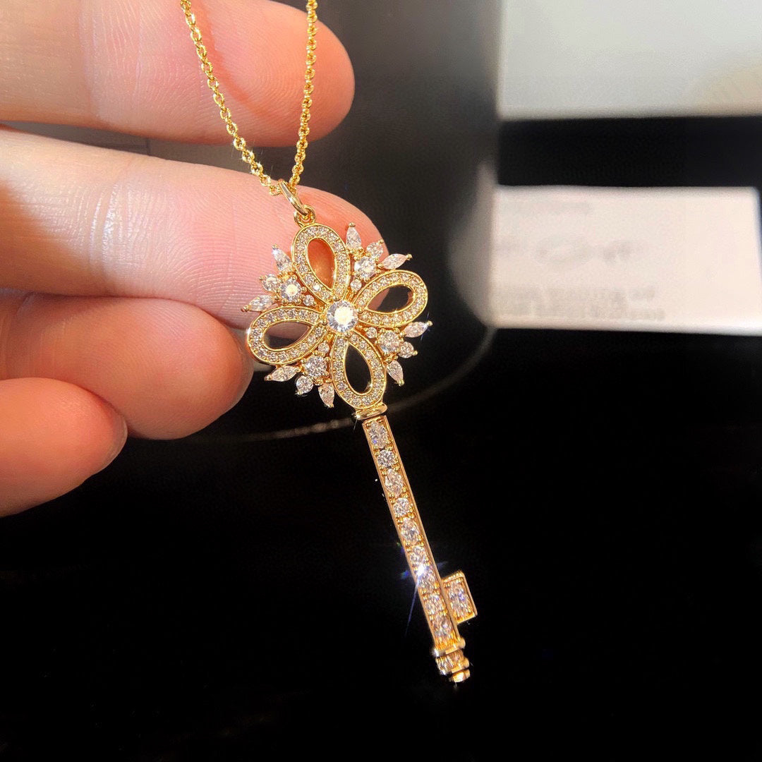 Key Pendant Necklace, White Gold Tone