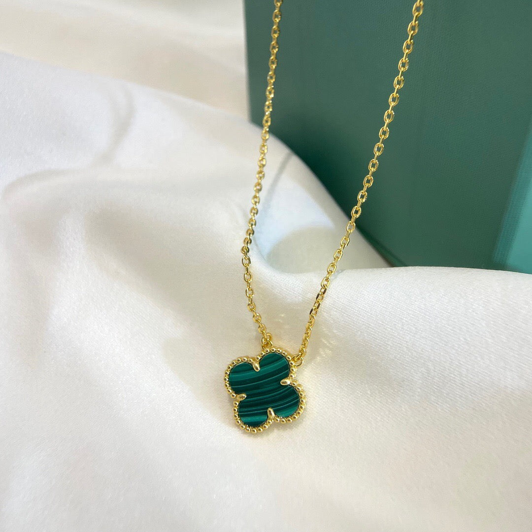 Quatrefoil Pendant Necklace, Yellow Gold Tone, Malachite