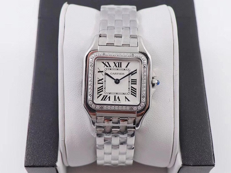 Square Link-Bracelet Watch, White Gold Tone, Stone-Set, White, Small Model