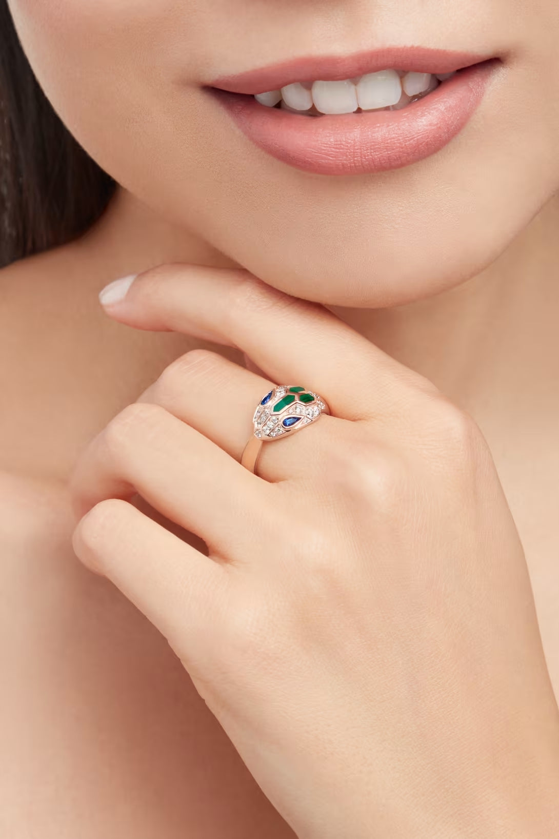 Serpent Coil Ring, Rose Gold Tone, Stone-Set, Malachite