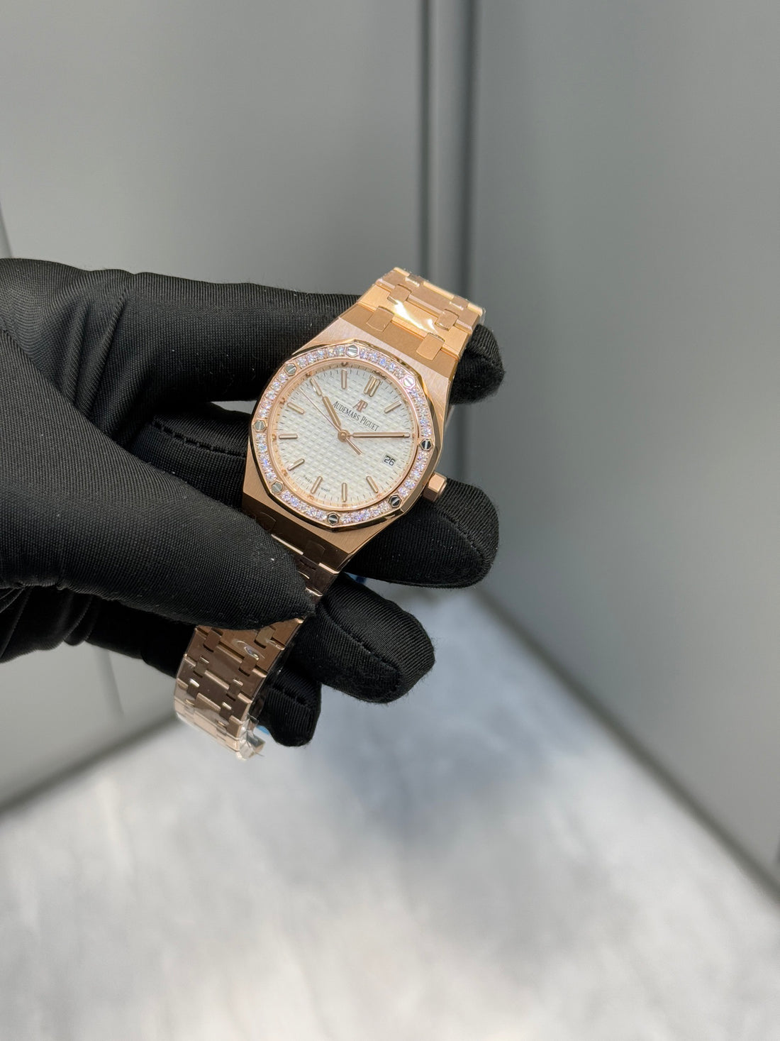 Octagonal Bezel Watch, Rose Gold Tone, Stone-Set, 34 mm