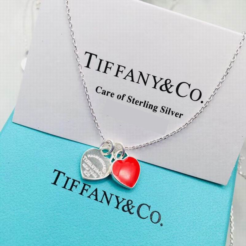 Double Heart Tag Pendant Necklace, Red, Silver Tone