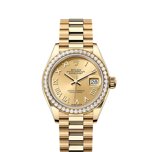 Classic Date Watch, Yellow Gold Tone, Stone-Set, 28 mm