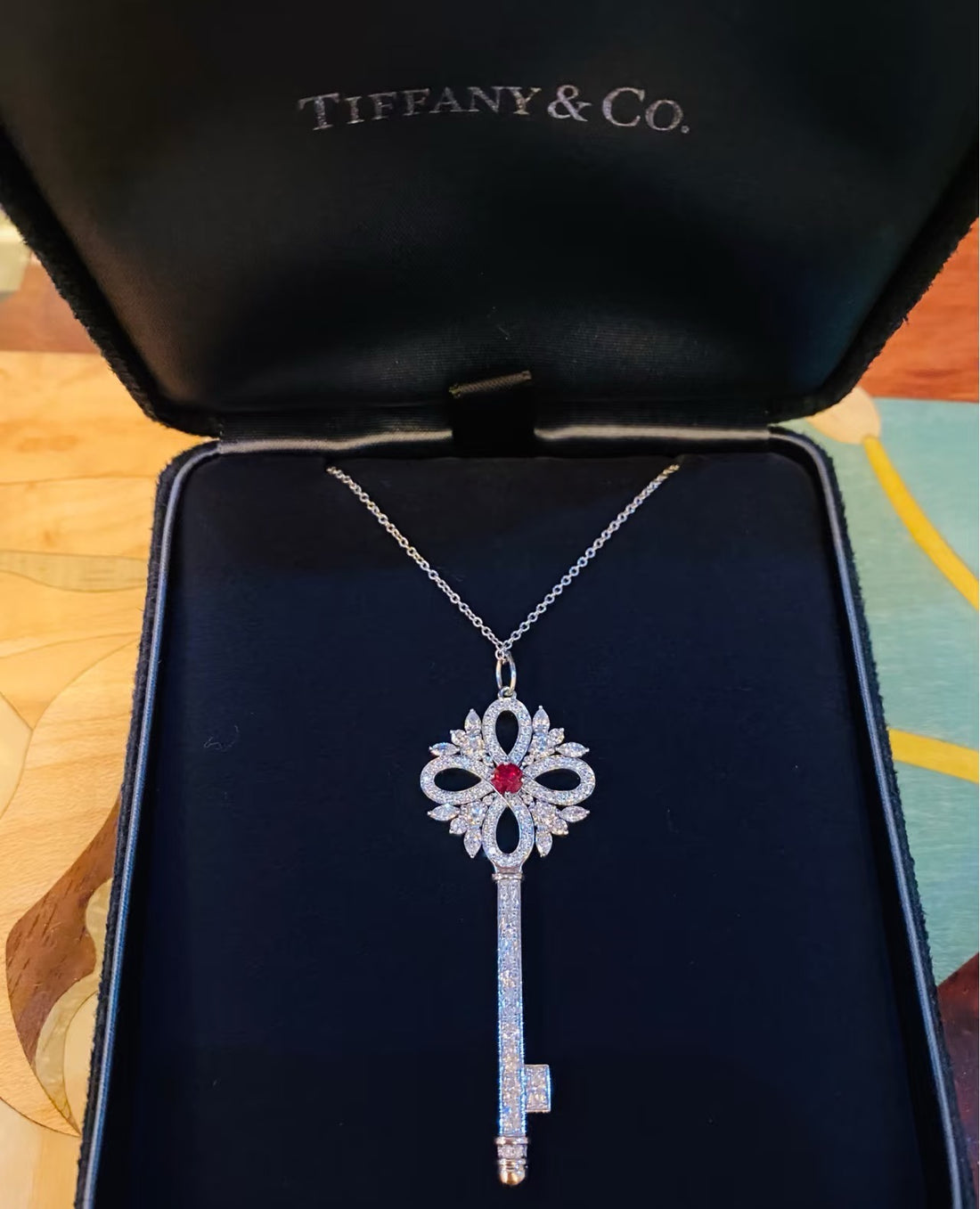 Key Pendant Necklace, White Gold Tone