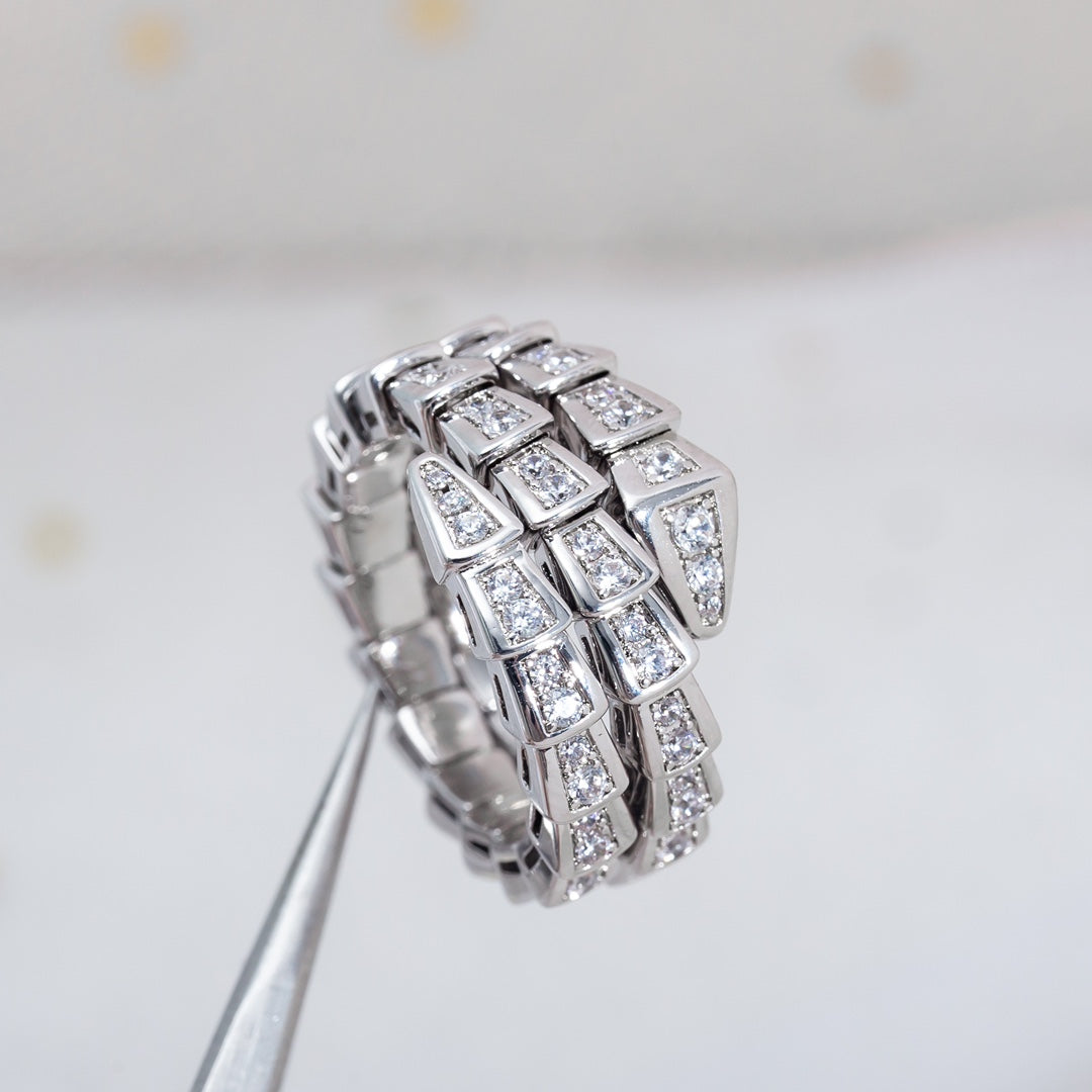 Snake-Scale Ring, White Gold Tone, Stone-Set