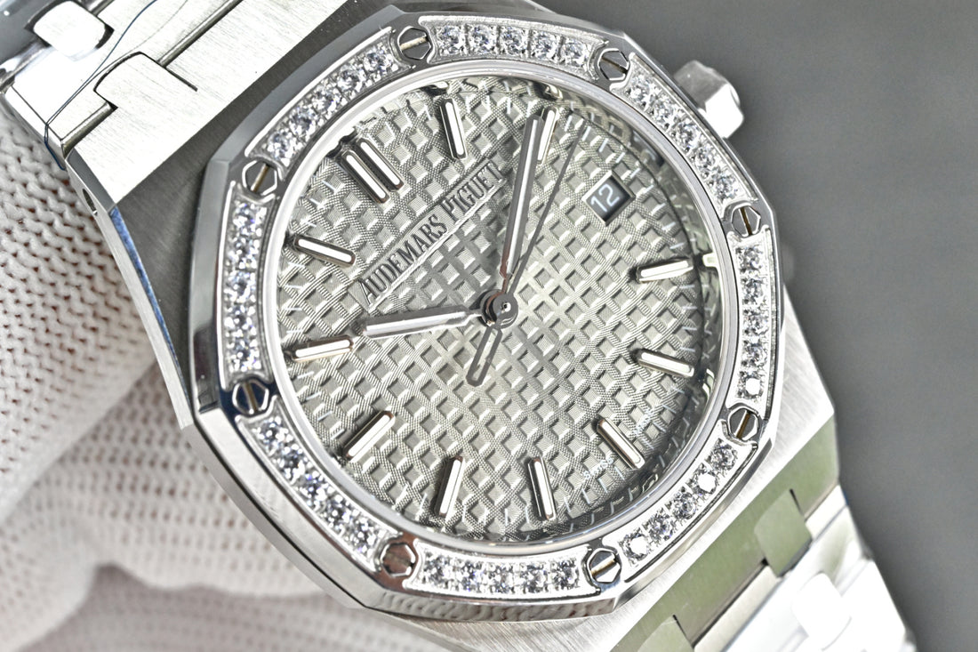 Octagonal Bezel Watch, White Gold Tone, Stone-Set, White, 37 mm