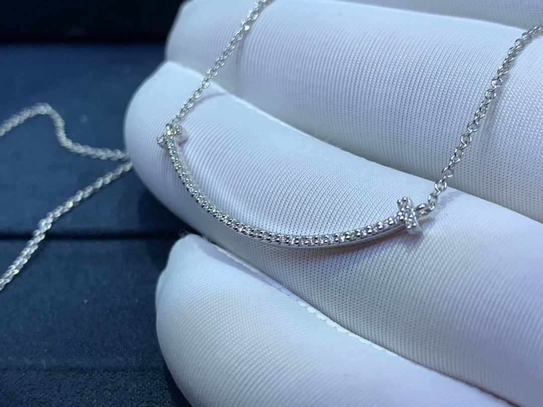 Smile Bar Pendant Necklace, White Gold Tone