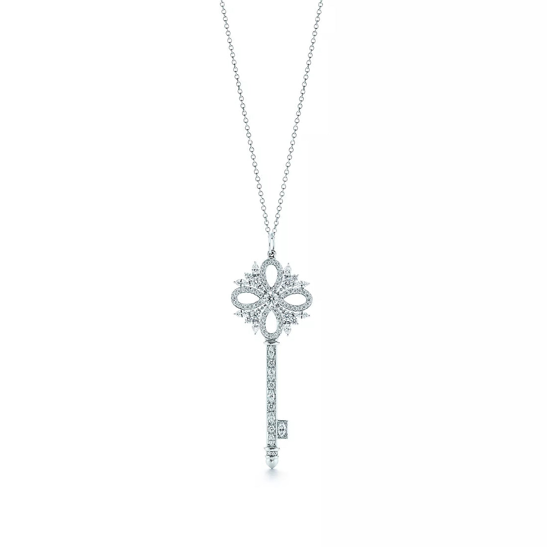 Key Pendant Necklace, White Gold Tone