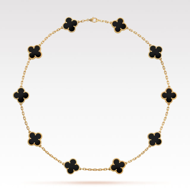 Quatrefoil Pendant Necklace, 10 Motifs, Yellow Gold Tone, Malachite