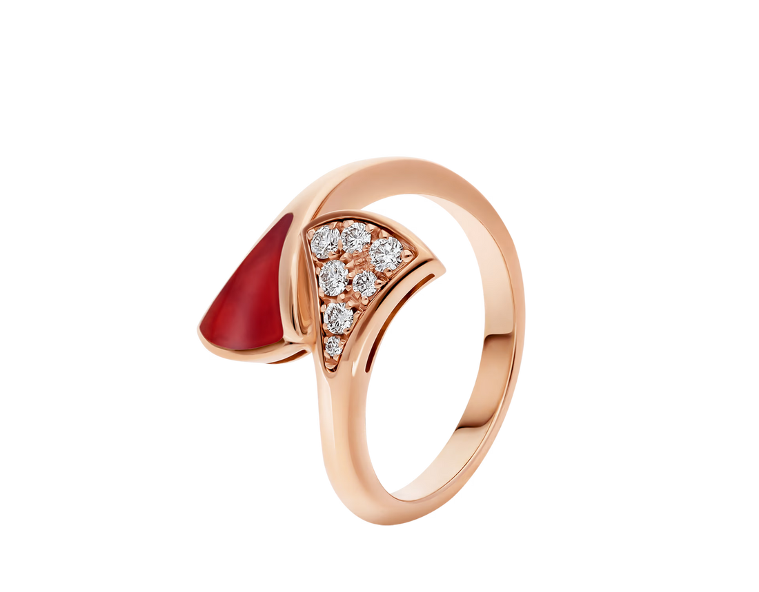 Fan-Motif Ring, Rose Gold Tone, Stone-Set, Carnelian