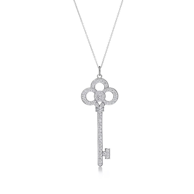 Key Pendant Necklace, White Gold Tone