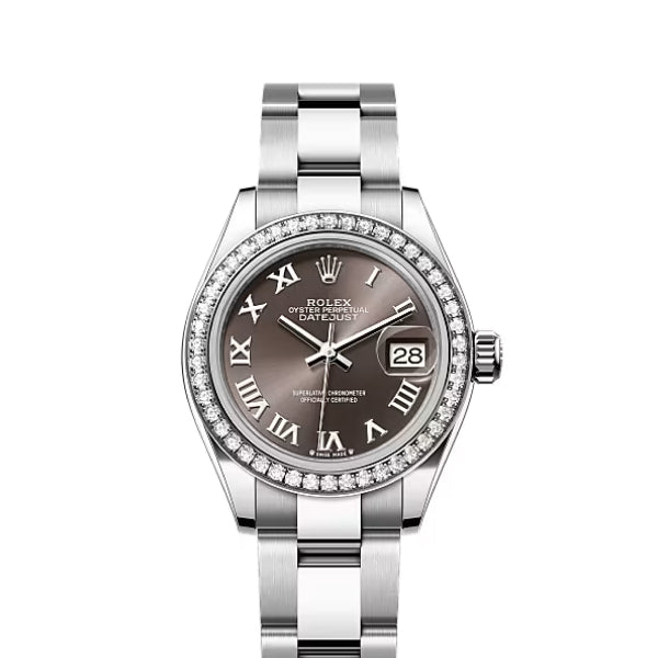 Classic Date Watch, White Gold Tone, Steel, Stone-Set, 28 mm
