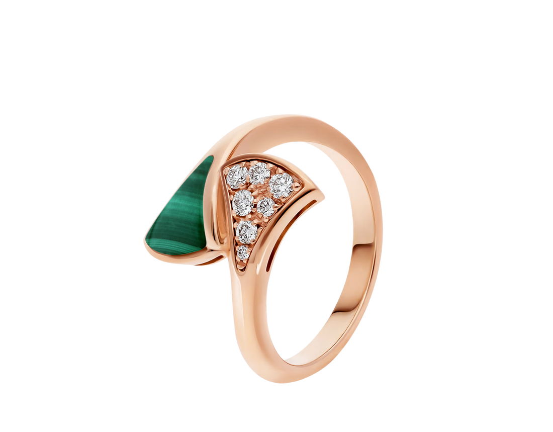 Fan-Motif Ring, Rose Gold Tone, Stone-Set, Malachite