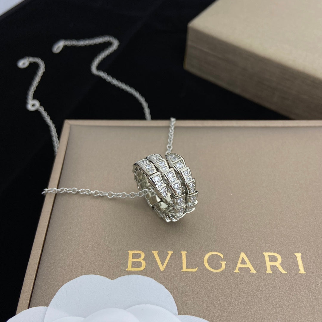 Snake-Scale Necklace, White Gold Tone, Stone-Set