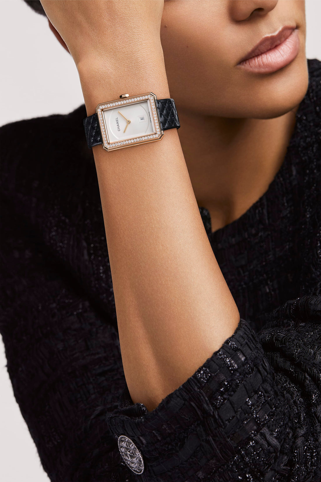 Round Watch, Stone-Set, Beige