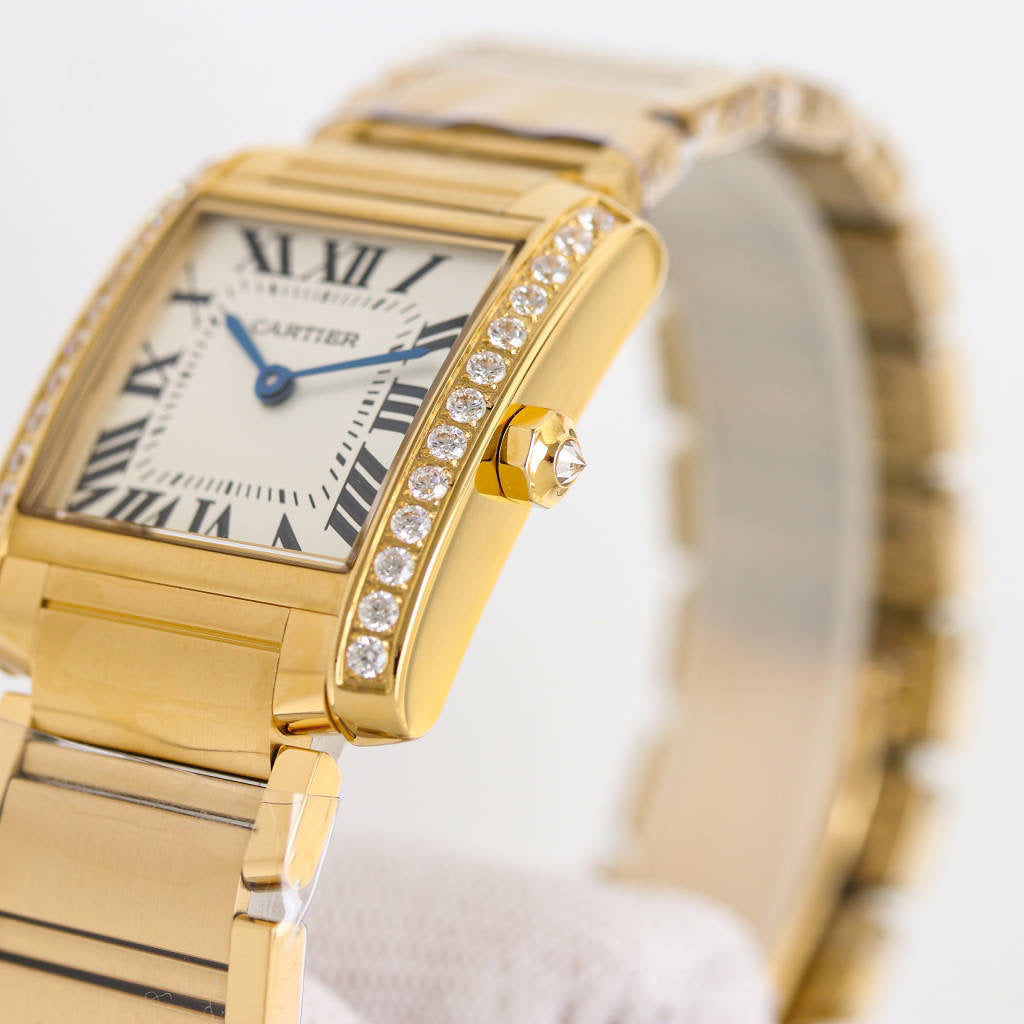 Rectangular Case Watch, Yellow Gold Tone, Stone-Set
