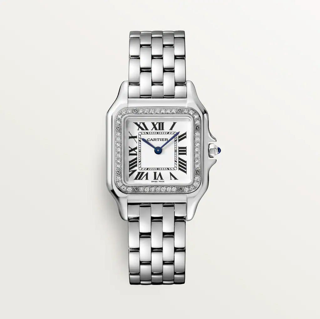 Square Link-Bracelet Watch, White Gold Tone, Stone-Set, White, Medium Model