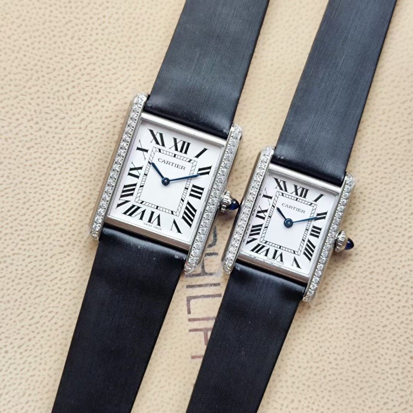 Rectangular Case Watch, White Gold Tone, Stone-Set, White, Small Model