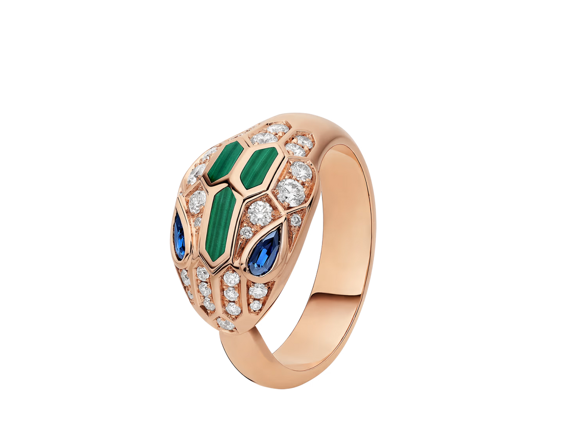 Serpent Coil Ring, Rose Gold Tone, Stone-Set, Malachite