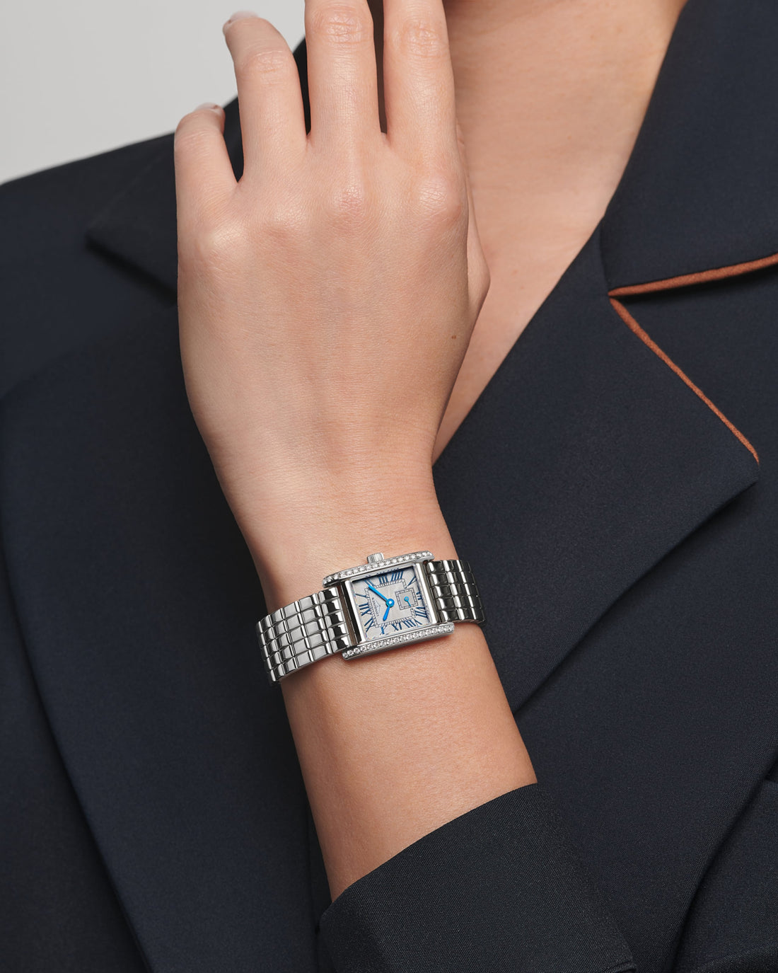 Rectangular Case Watch, Steel, Stone-Set