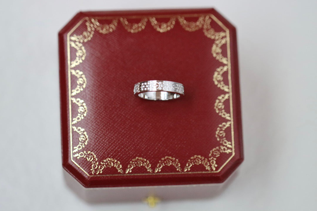 Screw-Motif Band Ring, Stone-Set, White Gold Tone