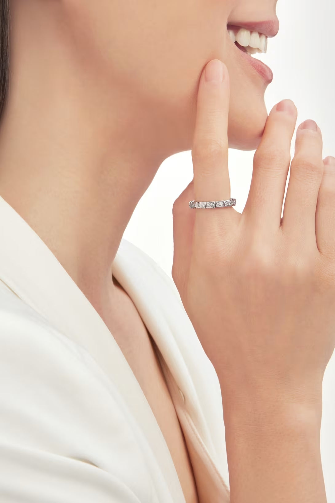Snake-Scale Ring, White Gold Tone, Stone-Set