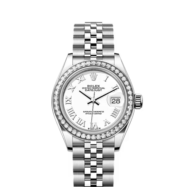 Classic Date Watch, White Gold Tone, Steel, Stone-Set, 28 mm
