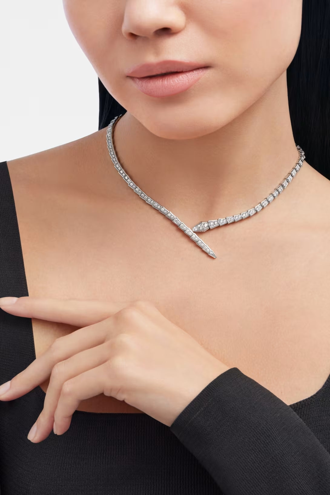 Snake-Scale Necklace, White Gold Tone, Stone-Set
