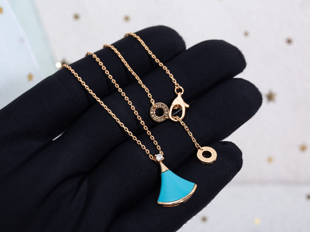 Fan-Motif Necklace, Rose Gold Tone, Stone-Set, Turquoise