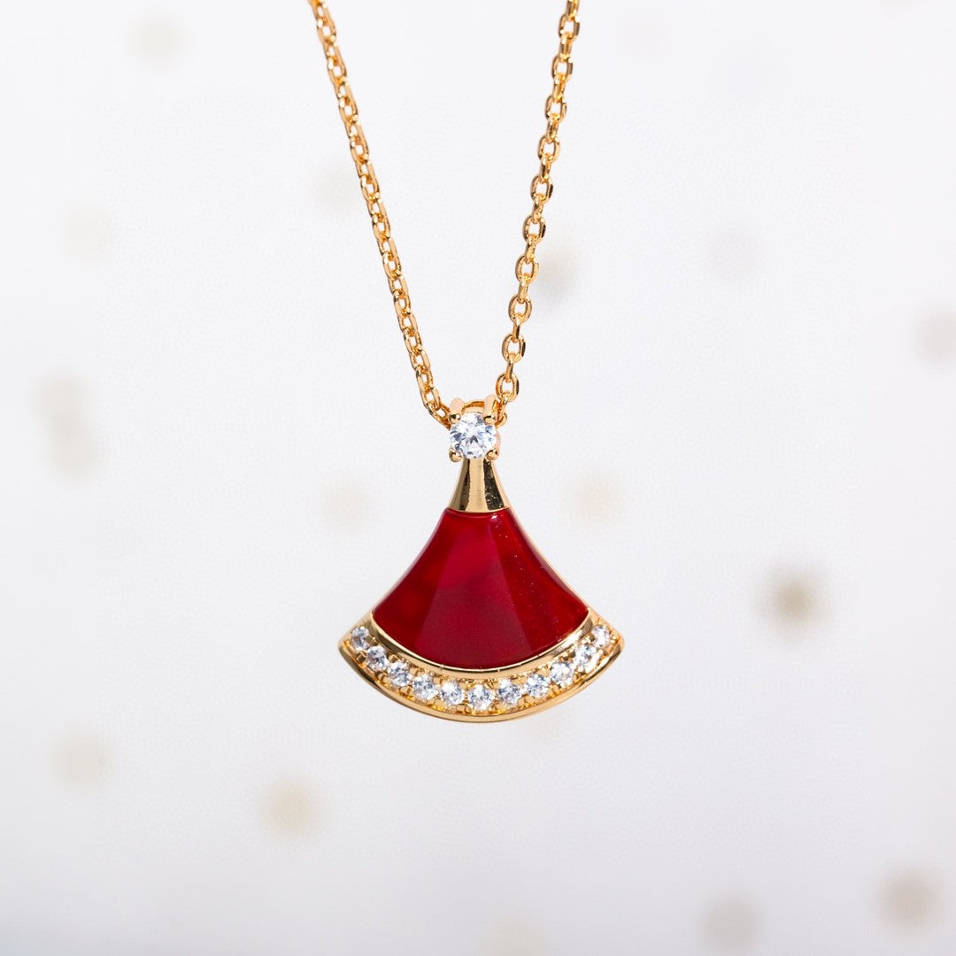 Fan-Motif Necklace, Rose Gold Tone, Stone-Set, Size S