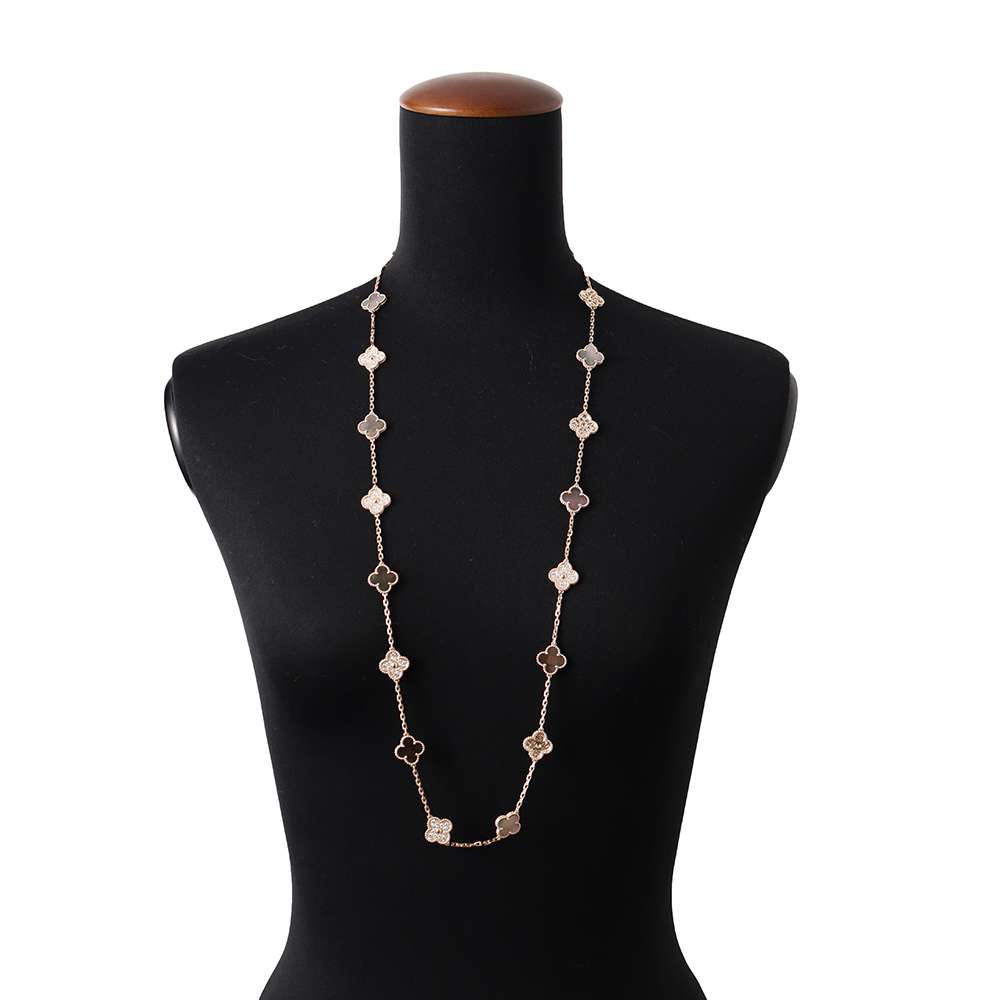 Quatrefoil Long Necklace, 20 Motifs, Rose Gold Tone, Malachite