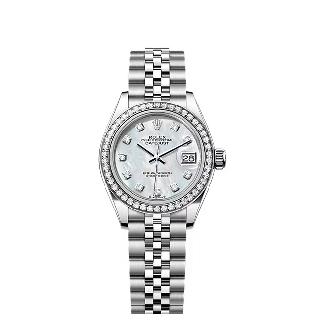 Classic Date Watch, White Gold Tone, Stone-Set, White, 28 mm