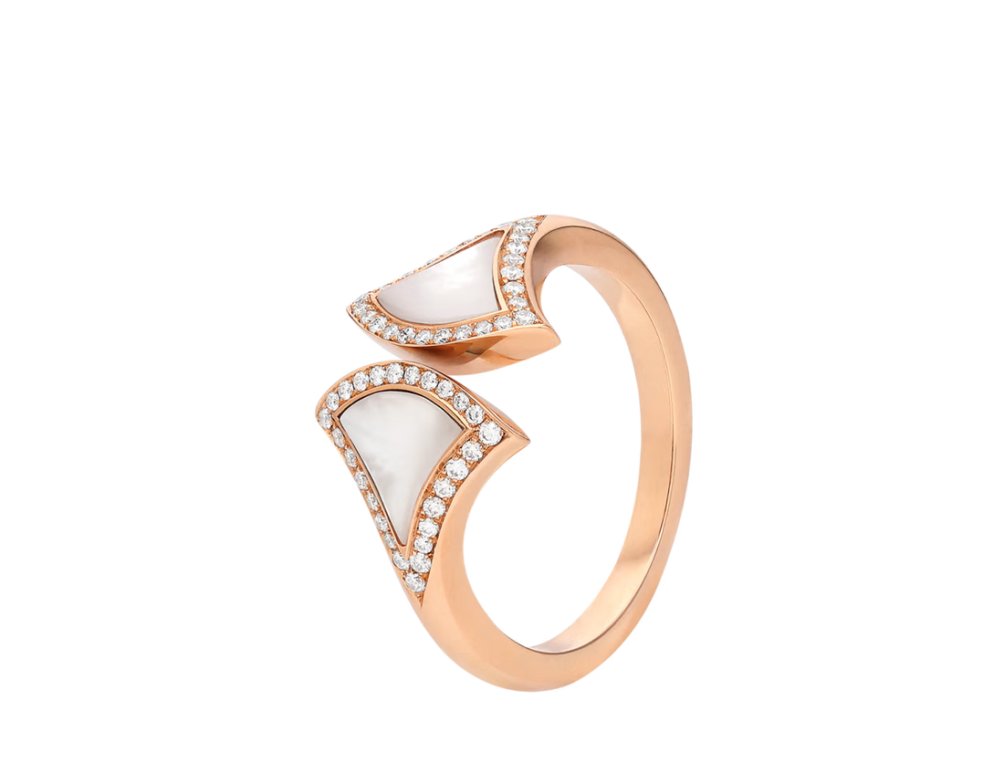 Fan-Motif Ring, Rose Gold Tone, Stone-Set, Mother-of-Pearl