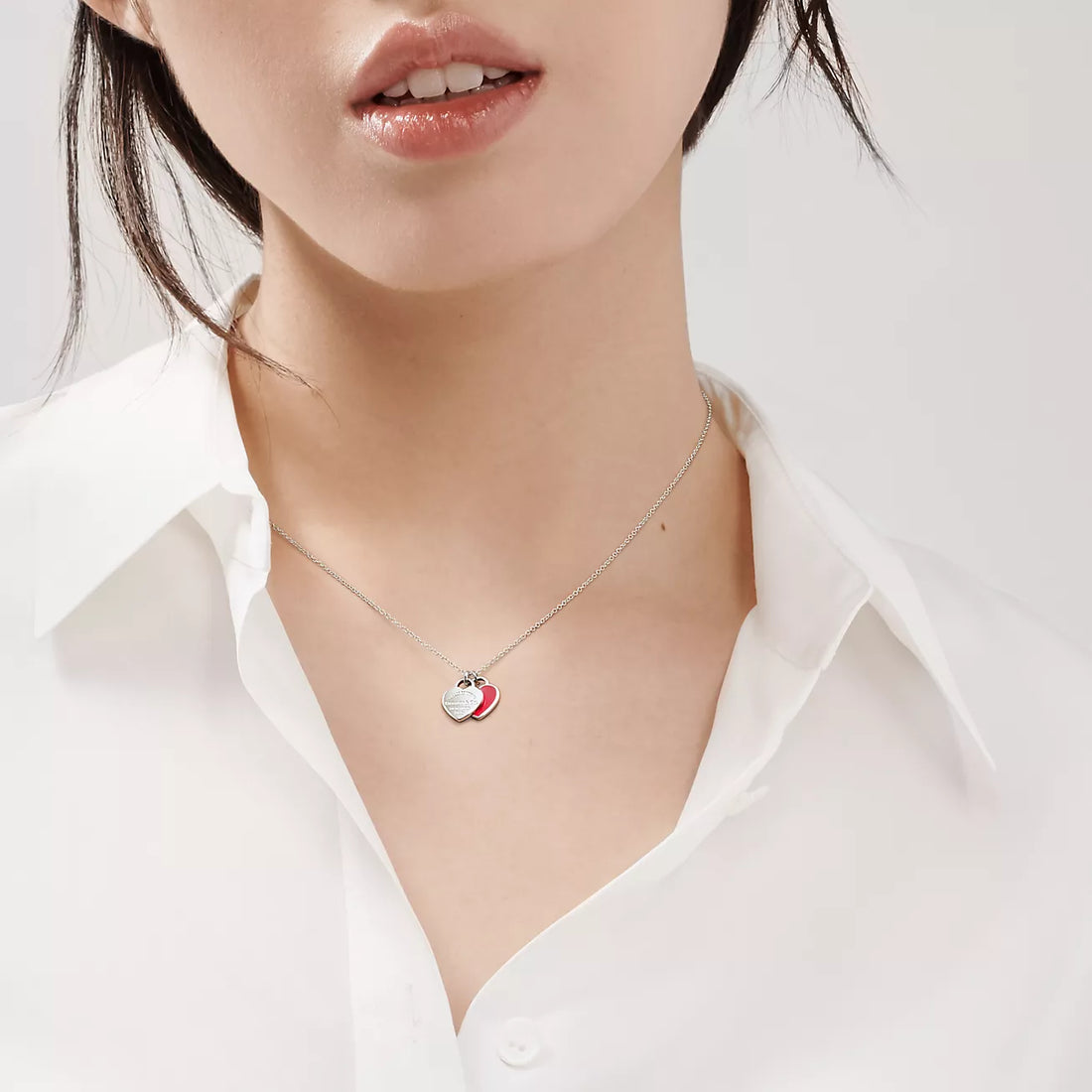 Double Heart Tag Pendant Necklace, Red, Silver Tone