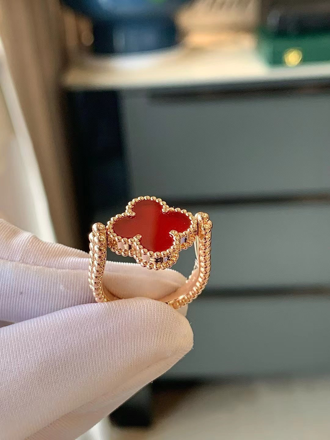 Quatrefoil Ring, Rose Gold Tone, Carnelian