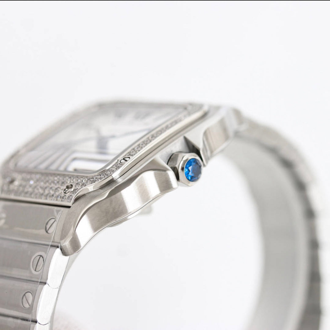 Square Case Watch, Steel, Stone-Set