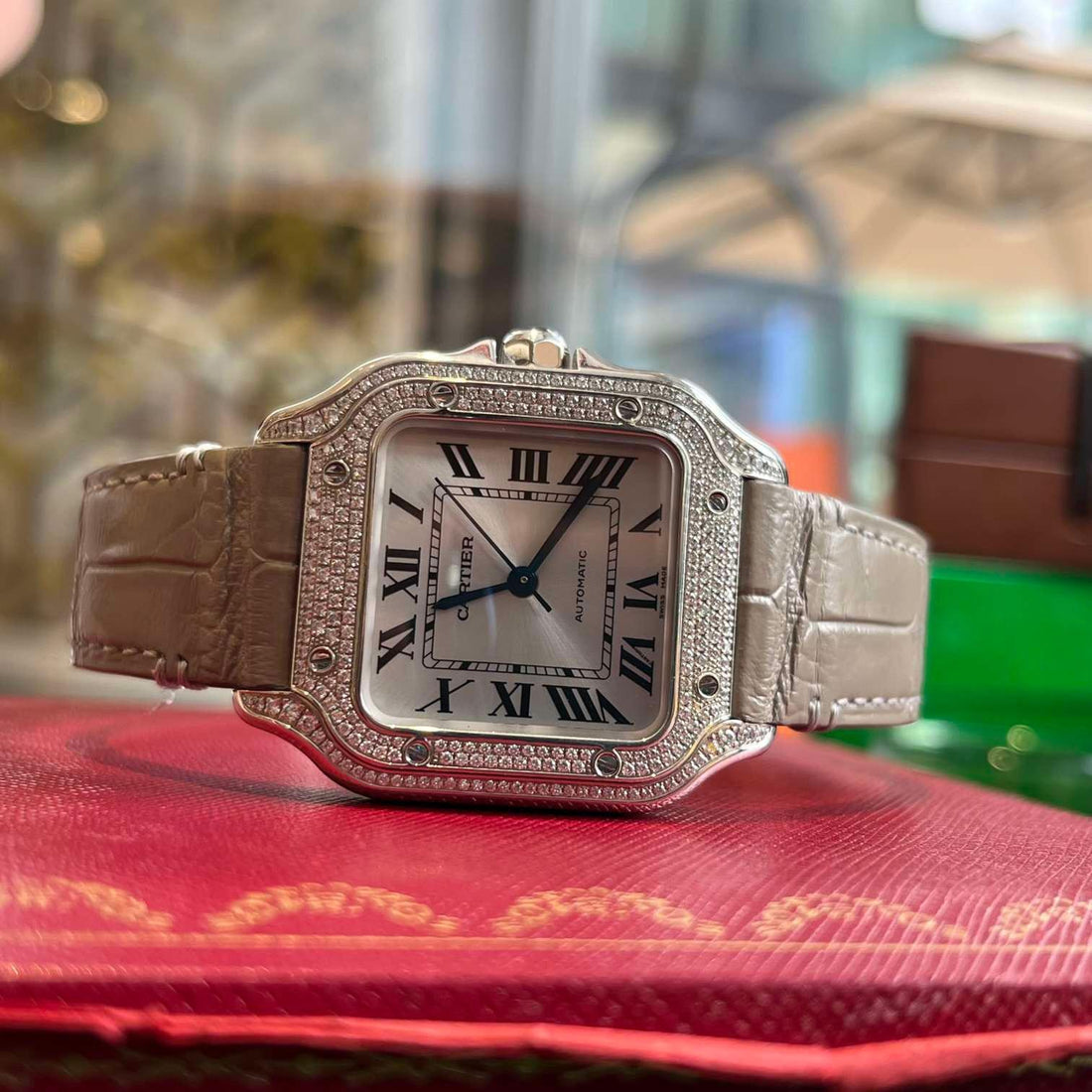 Square Case Watch, White Gold Tone, Stone-Set, White